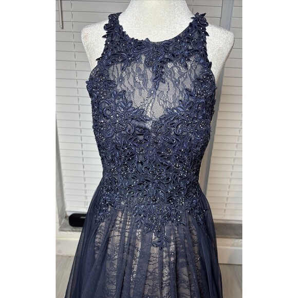 Xscape Navy Blue Lace Beaded tulle overlay Evening Gown Size 8 Formal Prom - Picture 3 of 17